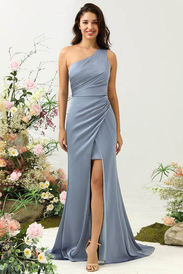 Dusty Blue Mermaid One Shoulder Ruched Bright Satin Bridesmaid Dress